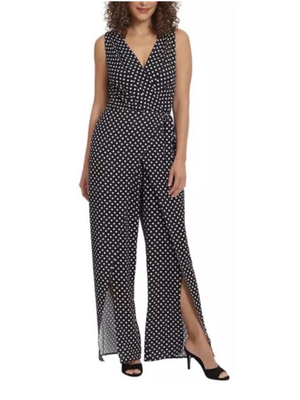 London Times Black White Polka Dot Jumpsuit